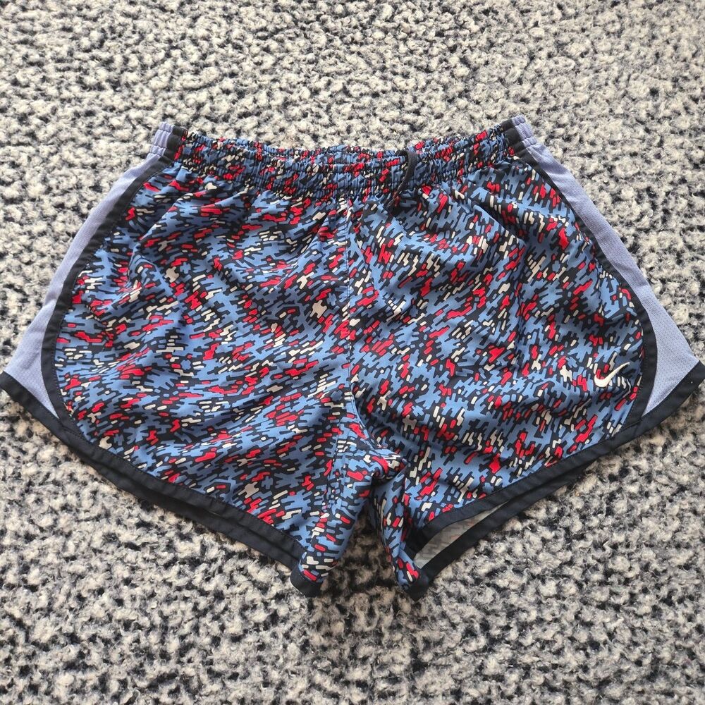 Nike Dri-FIT Tempo Shorts Girls L Blue Geometric Elastic Waist Drawstring